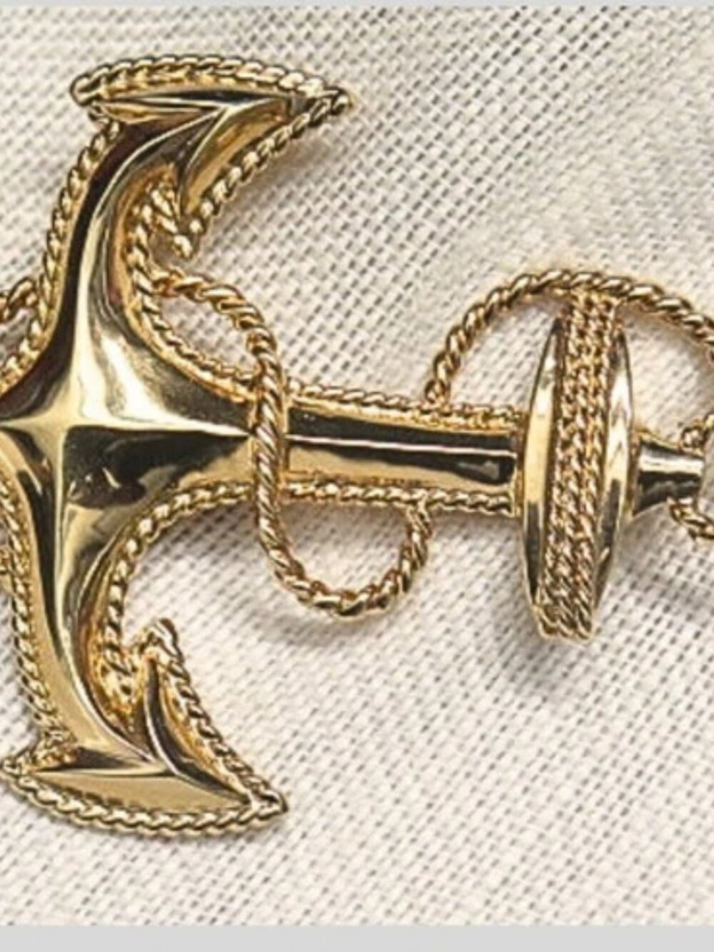 Large Gold Tone Anchor Brooch Nautical Rope Detail Statement Pin